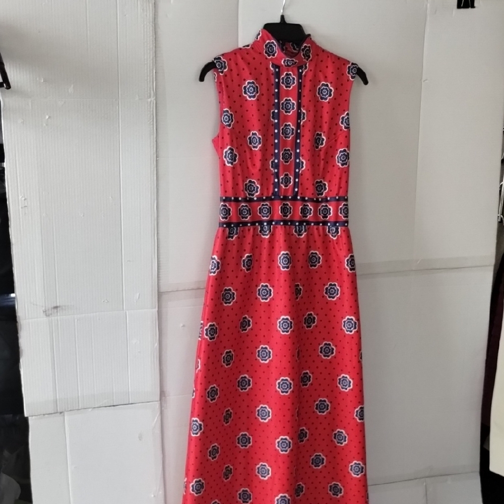 Sleeveless Red Floral Maxi Dress with High Neck